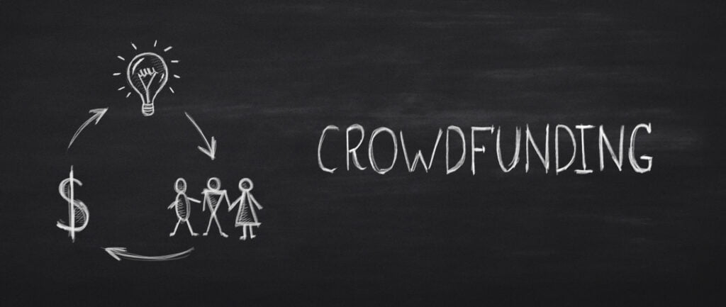 Crowdfunding white inscription with dollar sign, light bulb, people