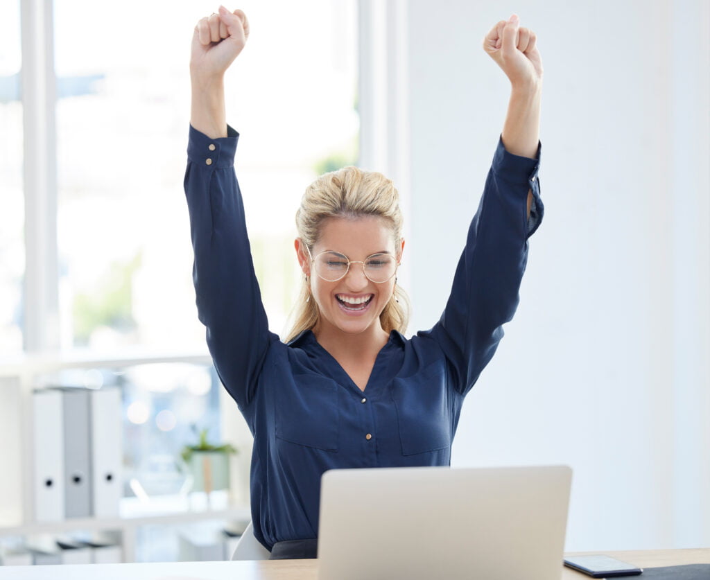 Winner, success and business woman with laptop celebrate job satisfaction, promotion or successful